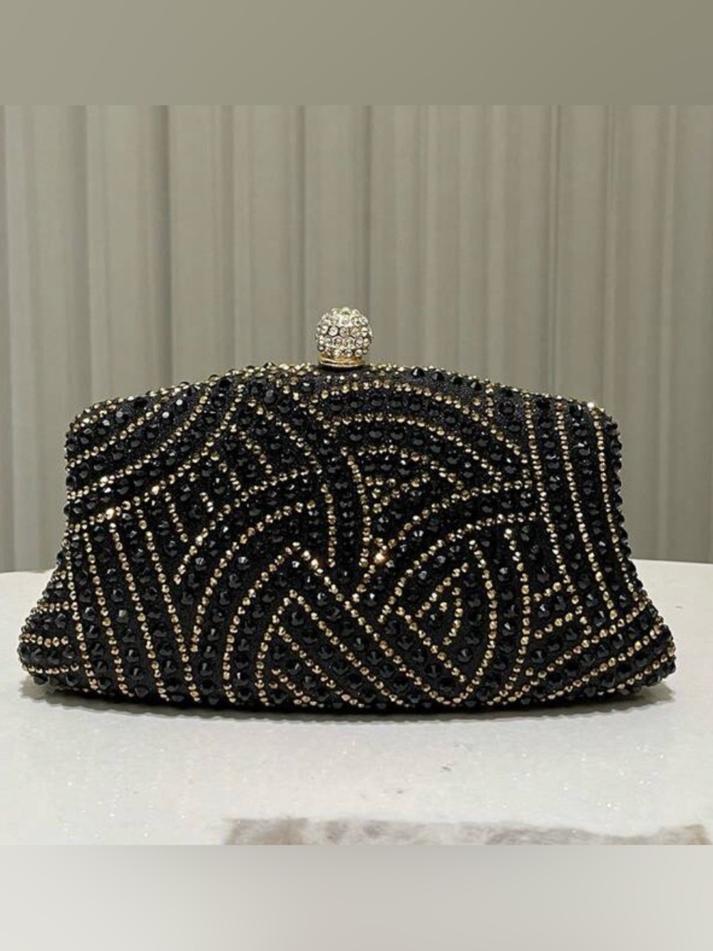 Elegant Black Crystal-Embellished Evening Clutch